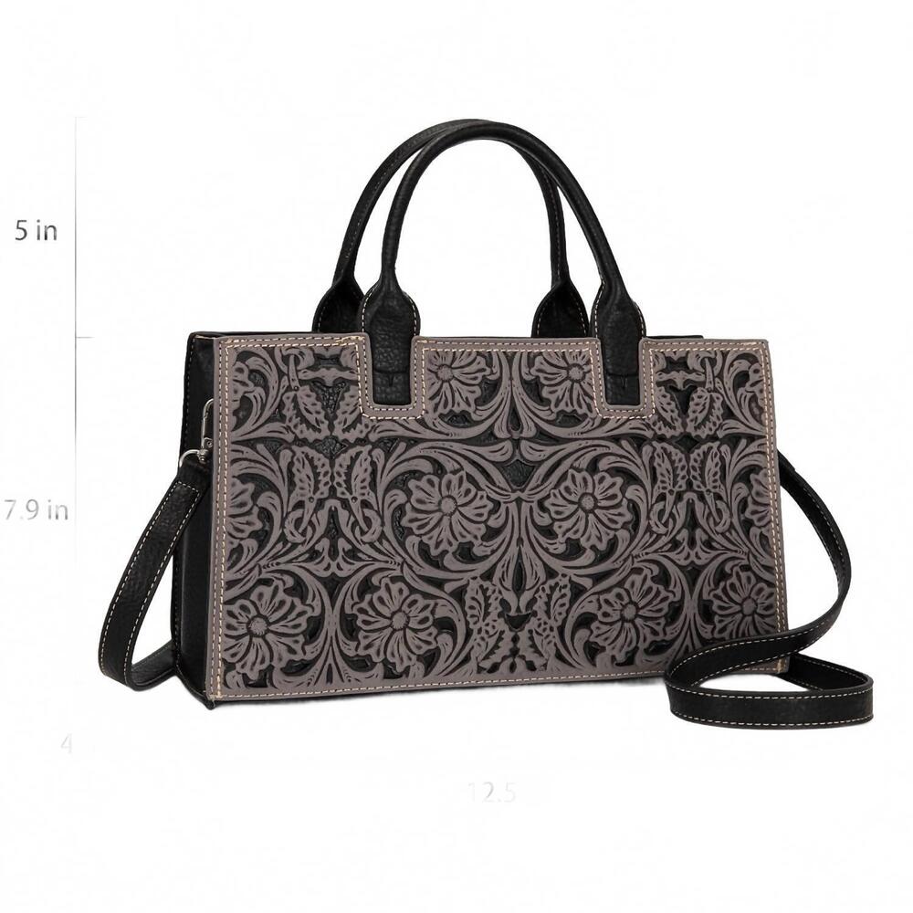 NEW TRINITY RANCH floral tooled leather western satchel tote bag in black